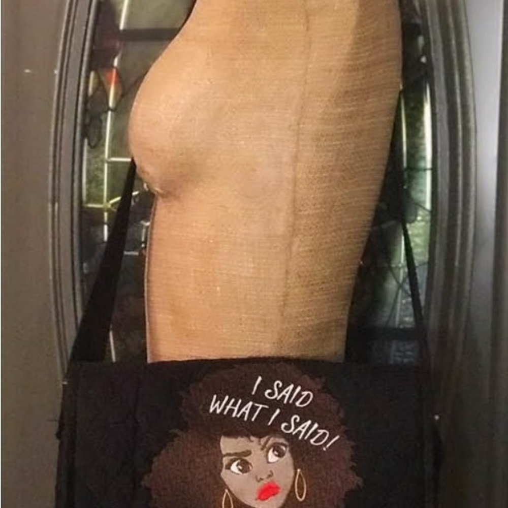 Black Quilted Custom Embroidered Shoulder Bag with Graphic Design